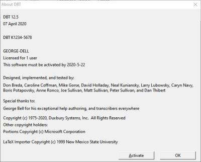 Image shows the Help: About DBT screen. If you need to contact Duxbury for Technical Suport, you will be asked for your Version, Date, License Number all of which are contained inthis dialog