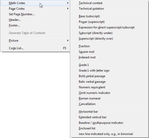 Image shows drop down Layout menu with Math Codes sub-menu