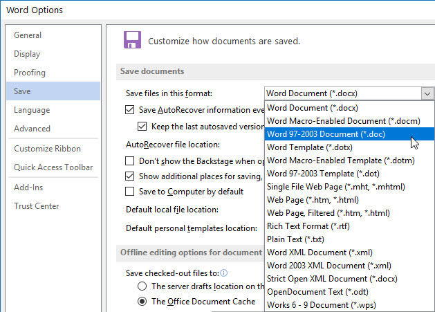 Image showing Word's Options dialog with the Save Control Tab in focus.