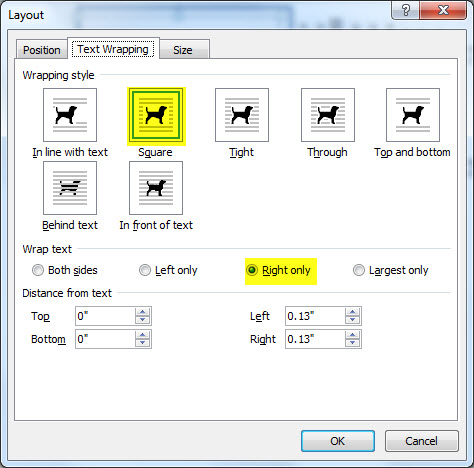 image of Graphic properties and Layout section where wrapping Style is Square and Wrap text is right only