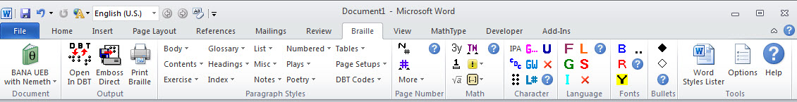 Image shows the SWIFTBraille Ribbon when BANA Nemeth is selected.