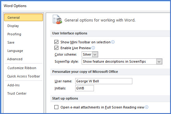 Word's main Options dialog